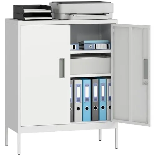 HOMCOM Aktenschrank, abschließbar Büroschrank mit 2 Türen, 2 höhenverstellbaren Einlegeböden, Schloss, Aufbewahrungsschrank aus Stahl, für Büro, Arbeitszimmer, 80 x 40 x 100 cm, Weiß
