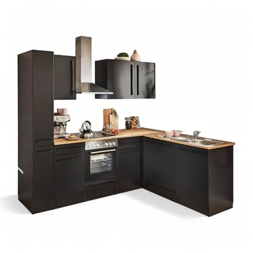 BASIC by Balculina Winkelküche Jazz 250x175 cm - Moderne Küchenzeile mit Edelstahl-Einbauspüle und zahlreichen Stauraummöglichkeiten. Ideal für effizientes Kochen und stilvolle Einrichtung.