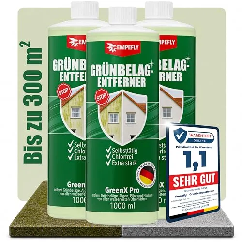 Empefly GreenX Pro Grünbelagentferner - Effektive Lösung gegen Grünbelag - Hochkonzentrierter Grünbelagentferner für die Außenanwendung. Entfernt zuverlässig Algen und Flechten, reduziert den Pflegeaufwand und ist einfach anzuwenden. Ideal für viele wasserfeste Oberflächen.