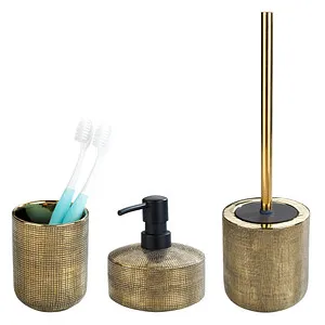 WENKO Badaccessoire-Set Rivara, 3-teilig - Elegantes Bad-Accessoires Set aus goldfarbener Keramik, ideal für ein stilvolles Badezimmer. Enthält Seifenspender, WC-Garnitur und Zahnputzbecher.