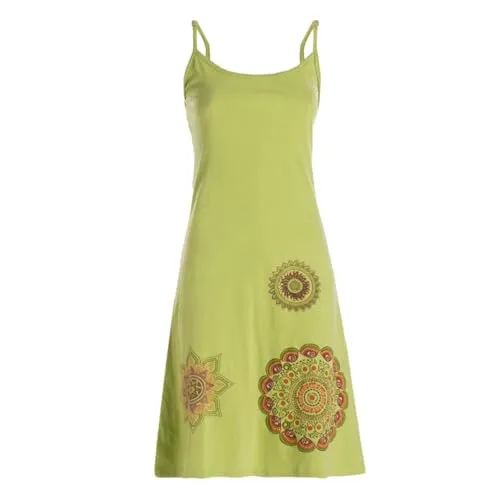 Vishes Sommerkleid Damen - Mini-Kleid im Goa, Hippie, Retro Style - Kleider aus 100% Baumwolle, handbedruckt und ideal für warme Tage. Mit Spagettiträgern und Karree Ausschnitt, perfekt für einen lässigen Sommerlook.