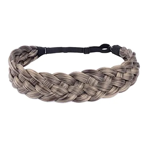 BOBIYA 5 Strang Synthetische Haar Geflochtenes Stirnband Klassische Chunky Wide Geflochtene Zöpfe Elastische Stretch Haarteil für Frauen Mädchen (grau-braun)