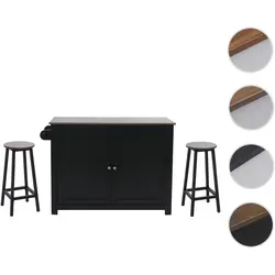 Kücheninsel HWC-P61 mit 2 Sitzhockern, Küchenschrank Schublade Staufächer MDF 90x120x45cm ~ schwarz, dunkles Holz