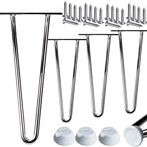STAHLIA Haarnadel Tischbeine Möbelfuß Höhe 20cm Chrom (4er SET) 2 Streben Ø12mm Tischgestell Hairpin Leg Möbelfüße Schalldämmung inkl. Bodenschoner