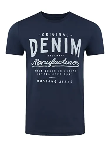 MUSTANG Tshirt Herren Regular Fit Rundhals Kurzarm Sommer Tee Shirt Logoprint Baumwolle, Größe:6XL, Farbe:Mood Indigo (1004544-5228)