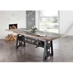 Esstisch Altholz höhenverstellbar 220x100x75-105 INDUSTRIAL #24 - Hochwertiger Esstisch aus Altholz mit rustikaler Massivholzplatte. Höhenverstellbare Eisenkonstruktion mit Metallrad für individuelle Anpassung. Ideal für stilbewusste Genießer und perfekt kombinierbar mit anderen Möbeln der INDUSTRIAL Serie.