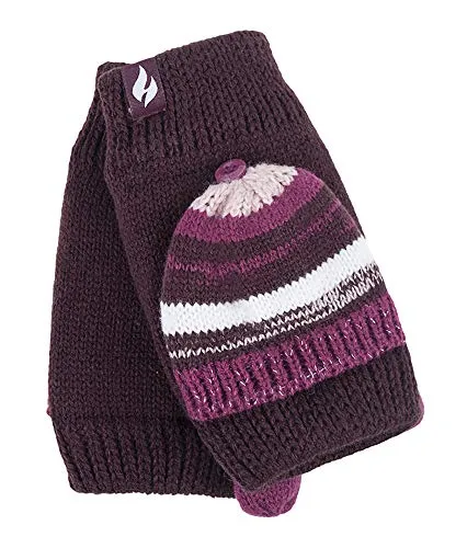HEAT HOLDERS - Damen Thermo Winter Plush Fleece Gefüttert Strick Fingerlos Handschuhe mit Kappe (Einheitsgröße, Burgund/Mulberry)