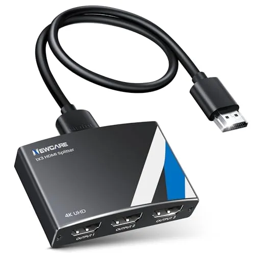 4K HDMI Splitter 1 in 3 Out mit 2.6 Ft HDMI Kabel, NEWCARE Hdmi Verteiler [Mirror Only] Unterstützt 4K@30HZ, 1080P, 3D, HDR, HDCP, Doby, hdmi Splitter für Xbox PS5 Fire Stick Roku Blu-Ray Player DVD