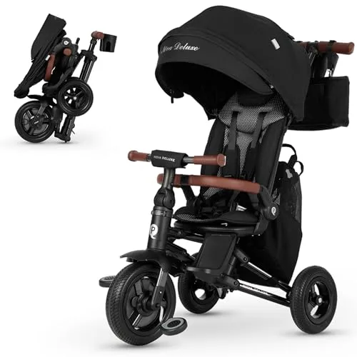 QPlay Nova Deluxe Evolutionärer Kinderwagen mit drehbarem Sitz, kompaktem Falten, verstellbarem Verdeck, handgefertigtem Leder, Fußstütze und Bremsen, für Kinder von 10 bis 36 Monaten (schwarz)