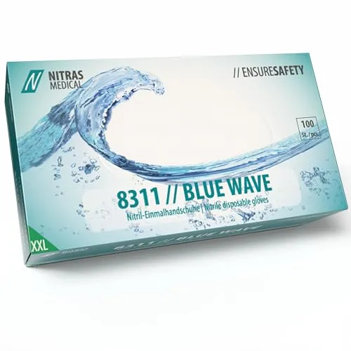 Nitras 8311 BLUE WAVE unsterile, medizinische, lebensmittelgeeignete Nitril-Einmalhandschuhe Farbe blau, puderfrei & latexfrei 100 Stück im Spenderkarton (XXL)