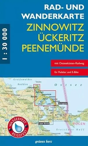 Rad- und Wanderkarte Zinnowitz, Ückeritz, Peenemünde: Mit Karlshagen, Trassenheide, Kölpinsee, Loddin, Ückeritz. Maßstab 1:30.000. Wasser- und reißfest.