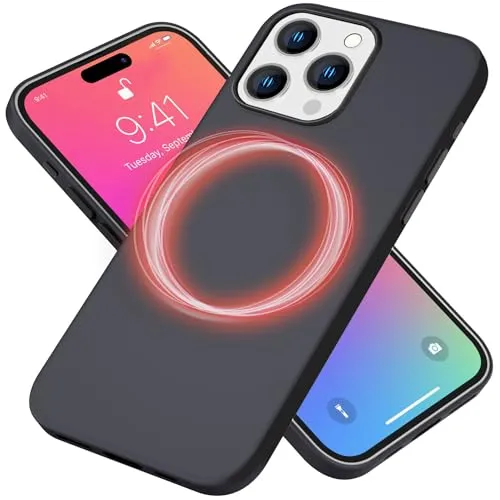NALIA MagPower Liquid Silikon Case kompatibel mit iPhone 15 Pro Hülle [kompatibel mit MagSafe], Kabellos Laden Easy Clean Funktion, Kratzfest Anti-Fingerabdruck, Magnet Schutzhülle, Farbe:Schwarz