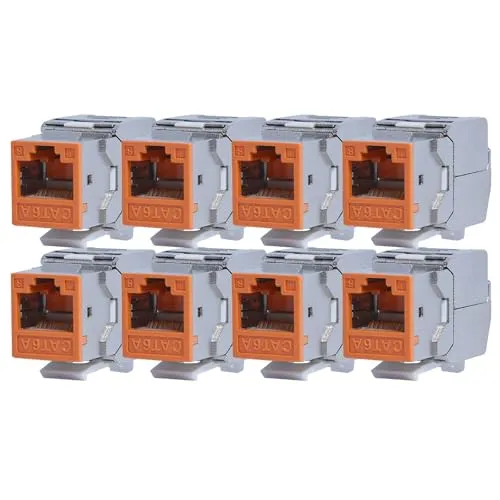 KOSCOM CONNECT 8x Keystone Modul CAT6A in orange | STP RJ45 Einbaubuchse für Netzwerk-Leerdose & Patchpanel | vollgeschirmt I bis zu 10 Gbit/s & 500 MHz | werkzeugfreie Snap-In Montage | AWG 22-25