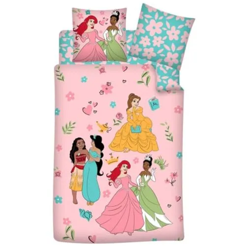 Disney Prinzessinnen Kinder Bettwäsche 2tlg. Set 135x200 - Bettwäsche-Set für Kinder, aus 100% Baumwolle, waschmaschinen- und trocknergeeignet, mit bunten Disney Prinzessinnen-Motiven für süße Träume.