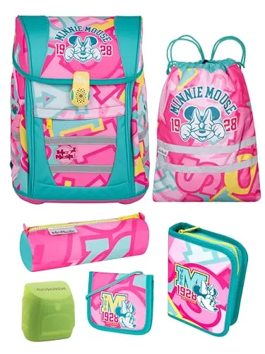 Familando Minnie Mouse Schulranzen Set für Mädchen 1. Klasse - Schultaschen-Set mit gefüllter Federmappe und Turnbeutel, ergonomisch und leicht, ideal für den Schulstart mit 18 L Volumen und nur 980 Gramm.