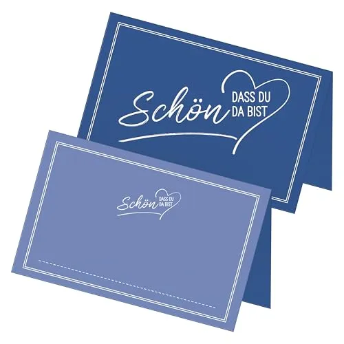 itenga 48x Tischkarten „Schön, DASS du da bist“ V2 – Platzkarten Namensschilder – 9 x 5 cm – ideal für Hochzeit, Taufe, Geburtstag, Feier – 13 Farben verfügbar (dunkelblau)