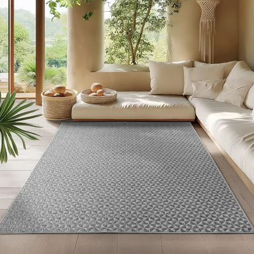 HomebyHome In- & Outdoor Teppich Grau 160x230 cm Läufer, Wetterfest & UV-beständig, Ideal für Küche, Balkon, Terrasse, Wohnzimmer und Esszimmer, Karo-Design im Boho-Stil