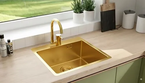 Faizee Home Edelstahlspüle 50 × 55 cm Gold – Moderne Küchenspüle - 1 Becken – Hochwertige Edelstahlspüle in modernem Design, kratzfest und langlebig, ideal für kompakte Küchen mit praktischem Siphon-Set und Armatur.