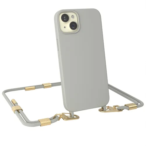 Hülle mit Band für Apple iPhone 15 Plus Handykette Karabiner Silikonhülle Taupe