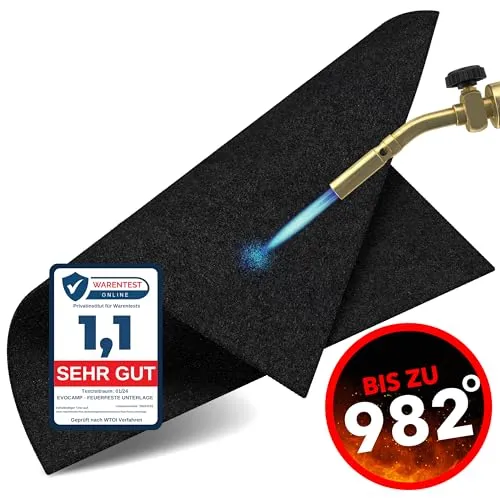 EVOCAMP Feuerfeste Unterlage 70x32 cm - Hitzeschutzmatte hitzebeständig bis 982 °C - Lötmatte als feuerfeste Matte für sicheren Brandschutz - Brandschutzmatte als ideale Feuerschutzmatte - schwarz