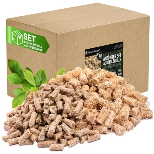 Flammingo® 12 kg Kamin-Anzünder Set - Grillanzünder: 2-in-1 Set mit 8 kg Holzwolleanzünder und 4 kg Anzündsticks – natürliche, geruchsneutrale Anzünder für sicheres Anfeuern von Kamin, Ofen und Grill.