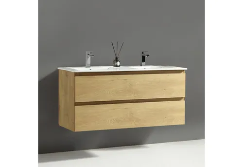 Alpenberger Badmöbel-Set - Badezimmermöbel mit 2 Softclose Schubladen - Badmöbel-Set in Eiche Natur, inklusive eleganten Keramik Waschbecken und cleverem Schubladen Organizer für optimale Aufbewahrung und nahtlose Integration in Ihr Badezimmer.