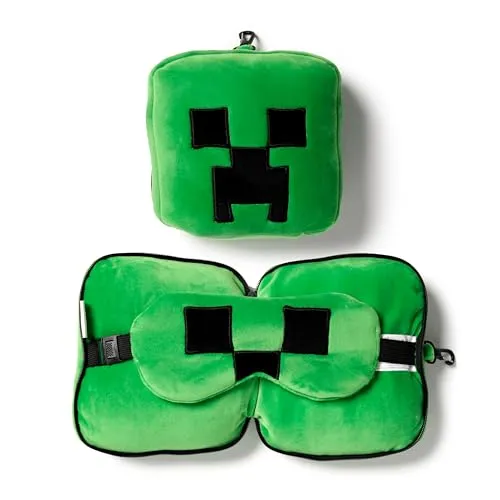 Puckator Relaxeazzz Minecraft Creeper Plüsch Reisekissen - Schlafkissen und Augenmaske für Kinder, superweich und ideal für Reisen