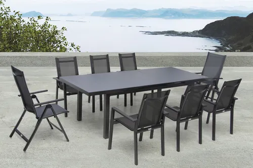 OUTFLEXX Premium Garten-Essgruppe, anthrazit/grau, Alu/Textilene, Ausziehtisch 180/240 x 100 cm, 6 Stapel-, 2 Klappstühle