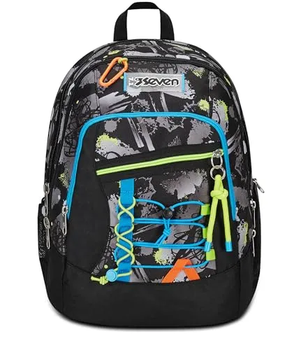 Seven Schulrucksack Advanced, Schwarz Grau - Schulranzen mit 32 l Volumen, doppeltem Design und praktischen Taschen für PC, Trinkflasche und Organizer – ideal für Schüler in mittleren und höheren Schulen.