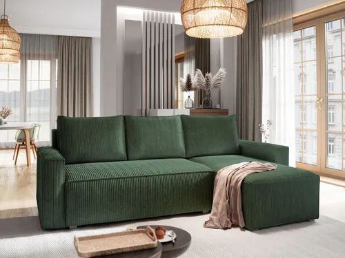 Masseno Ecksofa POTARO mit Schlaffunktion - Grün, POSO 14 - Ecksofa mit Schlaffunktion und praktischem Bettkasten, ideal für Gäste und Platzersparnis im Wohnzimmer. Stilvolles Design und hoher Komfort machen es zum perfekten Mittelpunkt Ihres Wohnraums.