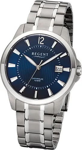 Regent F-1111 Herren Chronograph - Elegante Titan-Armbanduhr in Silber/Blau - Herrenarmbanduhr mit Quarzwerk und Saphirglas, wasserdicht bis 10 ATM. Stilvolles Design mit Leuchtzeigern und Sicherheits-Faltschließe – ideal für jeden Anlass.