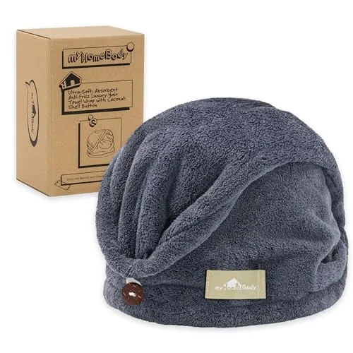 myHomeBody Haartuch-Wickeltuch, luxuriöser, schnelltrocknender Turban, ultraweiche, saugfähige Kappe aus Kohlefaser, mit Kokosnussschalenknopf – Midnight Blue