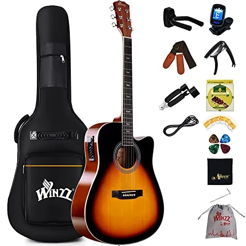 Winzz 4/4 Elektro-Akustische Gitarre - Perfekt für Anfänger - Gitarren Set für Erwachsene und Anfänger, inklusive 11 Zubehörteilen und exklusiven 