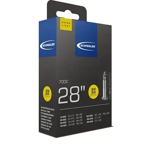 Schwalbe SV20 28 Extra Light 50mm Fahrradschlauch - Fahrradschläuche, ultraleicht und ideal für sportliche Fahrräder, sorgt für geringeres Gewicht und bessere Performance.