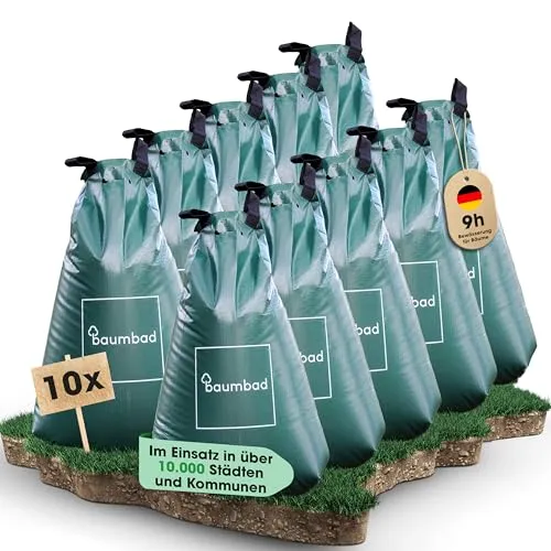 baumbad | 10 Baumbeutel Bewässerungsbeutel für Bäume | langzeit Bewässerungssystem | robuster 75 Liter Wassersack/Bewässerungssack, aus UV beständigem PVC, Pflanzenunterstützung für heiße Sommer