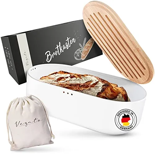 Vezato Brotbox – Nachhaltiger Brotkasten für lange Frische - Brotkästen mit elegantem Design, extra groß, aus Bambus und Karbonstahl, inklusive Schneidebrett und Brotsack für langanhaltende Frische.