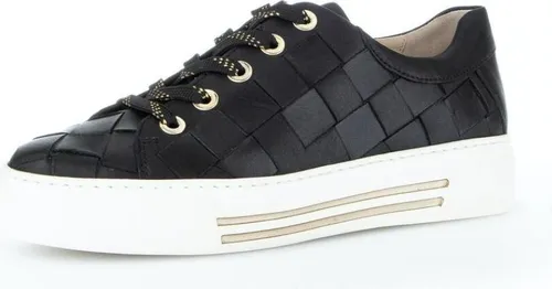 Gabor 86.469.57 Damen Sneaker in Schwarz mit Gold-Akzenten - Modischer Gabor Sneaker mit herausnehmbarer OptiFit-Decksohle, flexible Laufsohle und ansprechendem Flecht-Design für hohen Tragekomfort. Ideal für den Alltag.