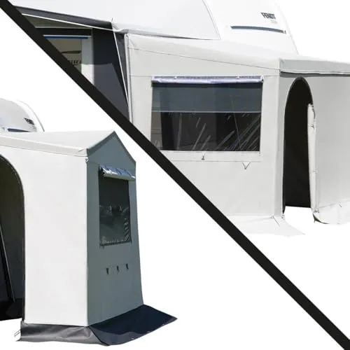 DWT Erker Anbauzelt 145x230cm - Giebeldach oder Pultdach - Vordächer & Vorzelte - Flexibles Anbauzelt mit viel Stauraum für Fahrräder oder als Schlafplatz, wetterfestes Polyestergewebe und einfache Montage.