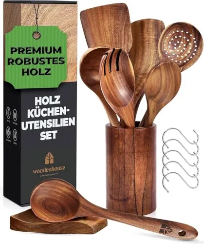 Holz Kochbesteck-Set mit Halter – 13-teiliges Teakholz Küchenset - Kochlöffel-Set aus hochwertigem Teakholz, kratzfrei und pflegeleicht – ideal für effizientes Kochen, Braten und Backen in Ihrer Küche.
