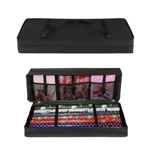 Alitree Geschenkpapier Aufbewahrung, Gewebtes 600D Oxford-Material, Geschenkpapierrollen Organizer, mit 3 Fächern Netzfächern, Weihnachtspapier Geschenkpapierrollen Organizer, 82x34x13cm Schwarz