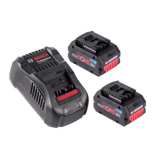 Bosch Starter-Set 2x 8,0 Ah ProCORE18V - Elektrowerkzeug-Akkus mit 2 leistungsstarken 8 Ah Lithium-Ionen Akkus und Schnellladegerät, ideal für Profis, die lange Betriebszeiten benötigen.