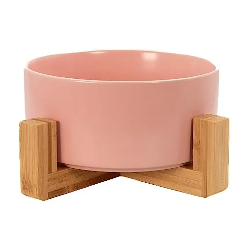 Intirilife Futternapf aus Keramik mit Gestell in Pink - Gesamt 20.5 x 8.5 cm - Napf 15.5 x 6.5 cm - 800 ml Füllmenge - Fressnapf, Trinknapf für Hunde und Katzen mit Bambushalter