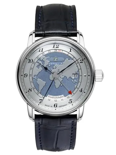 Zeppelin 8596-3 Armbanduhr - Automatik Herren - FRIEDRICHSHAFEN - Trübes Blau - Herrenuhr mit Automatik-Uhrwerk Citizen-Miyota 9075, elegante Weltkarte auf dem Zifferblatt, und dunkelblauem Lederarmband. Ideal für Entdecker und Zeitliebhaber.