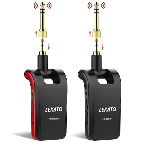 LEKATO Stereo 2.4GHZ Gitarrensystem - Zubehör für Gitarren & Bässe mit verlustfreier Signalübertragung, 6 Kanälen gleichzeitig und bis zu 5 Stunden Spielzeit dank wiederaufladbarem Akku.