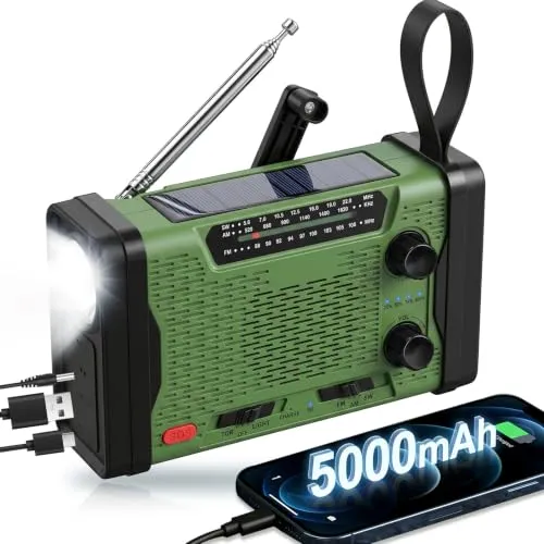 Kurbelradio mit 5000mAh Powerbank, Notfallradio AM/FM/SW Weltempfänger, Tragbares Radio Batteriebetrieben mit USB-C Handyladung, SOS-Alarm, LED Taschenlampe & Leselampe für Camping, Outdoor, Blackout