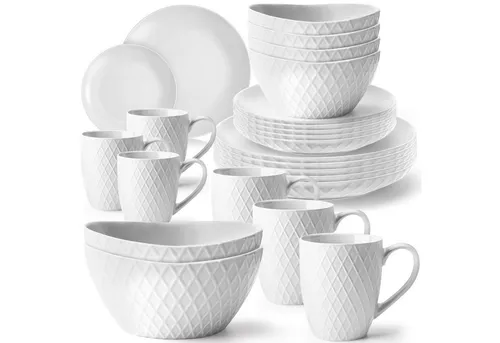 MiaMio Tafelservice 24tlg Geschirrset für 6 Personen - Tafelservice aus hochwertiger Keramik, ideal für festliche Anlässe und den täglichen Gebrauch – komplett mit 6 Frühstückstellern, Kaffeetassen, Müslischalen und Speisetellern.