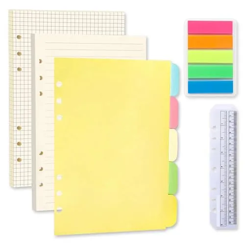 Packung A5 Nachfüllpapier, 6 Löcher 120 Blätter Papier Nachfüllbare Refill Papier, Ringbuch Nachfüllpapier Liniert und Trennblätter Haftnotizen Bunt Lineal für A5 Terminplaner Notizbuch Planer 2