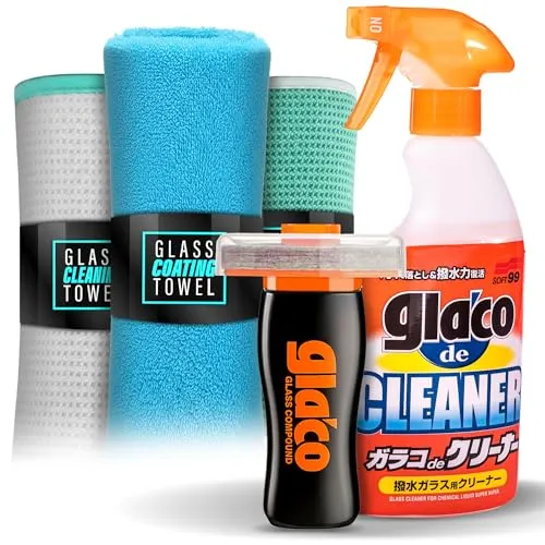 detailmate Auto Scheiben Reinigung & Politur Bundle: Soft99 Glaco de Cleaner Glasreiniger 400ml + Soft99 Glaco Glass Compound Roll On 100ml + 2x detailmate Waffeltuch + Poliertuch