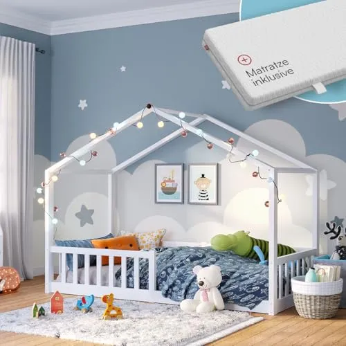 Produktbild Bellabino Bia Kinderbett 80x160 cm – Hausbett mit Matratze & Rausfallschutz