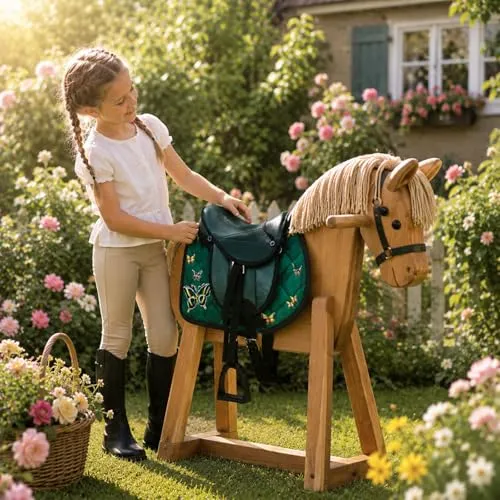 Brama West Kinder Shetty Sattel Set „My Little Butterfly“ | Sattel für Shetty Pony Holzpferd | mit Satteldecke, Sattelgurt, Steigbügel & Steigbügelriemen | Grün